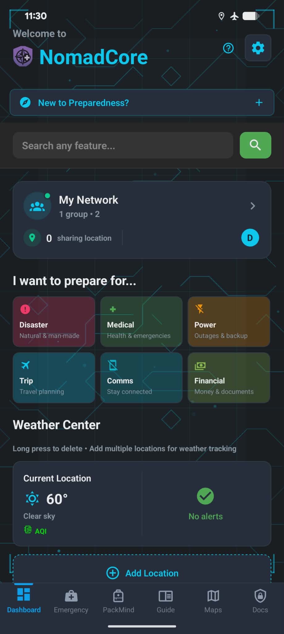NomadCore dashboard showing weather, emergency actions, and family network