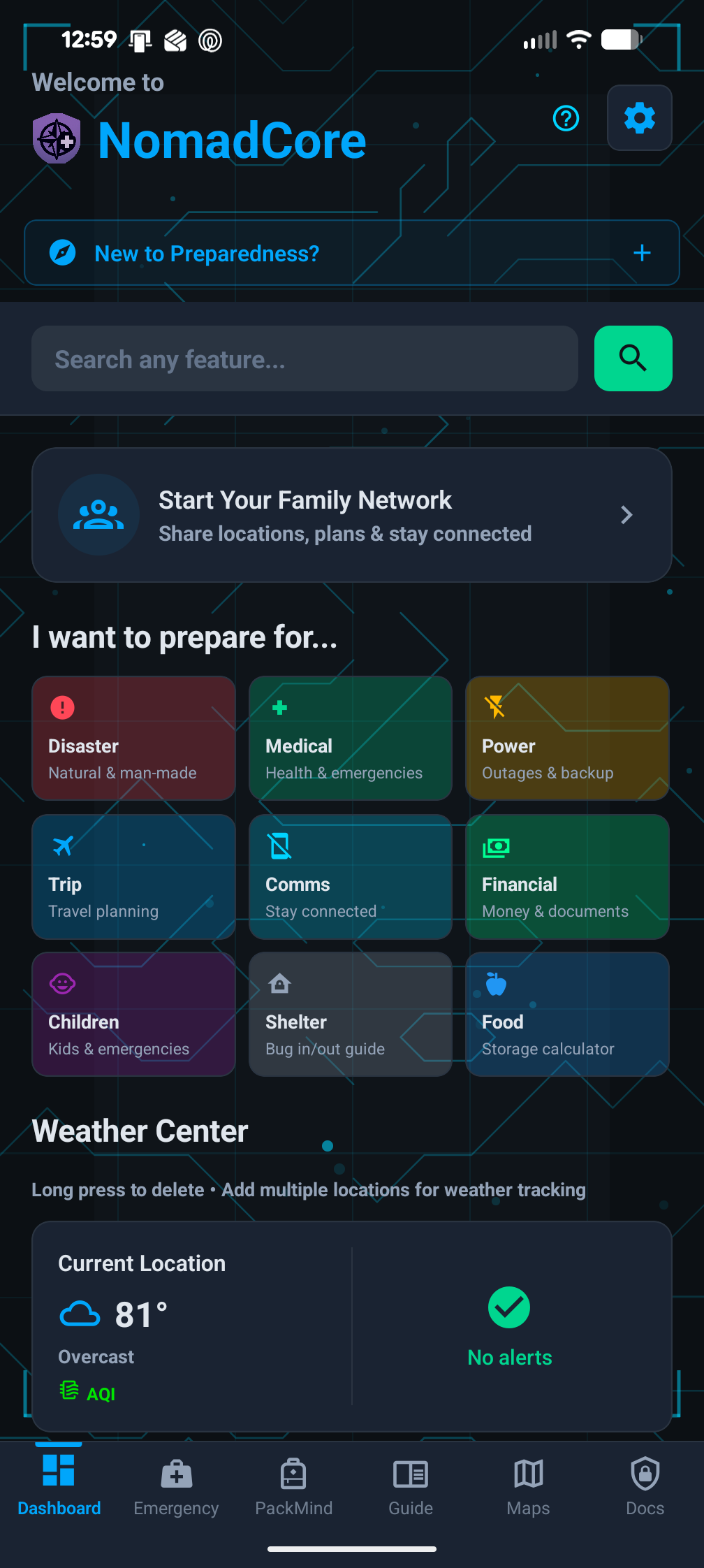 NomadCore dashboard showing weather, emergency actions, and family network