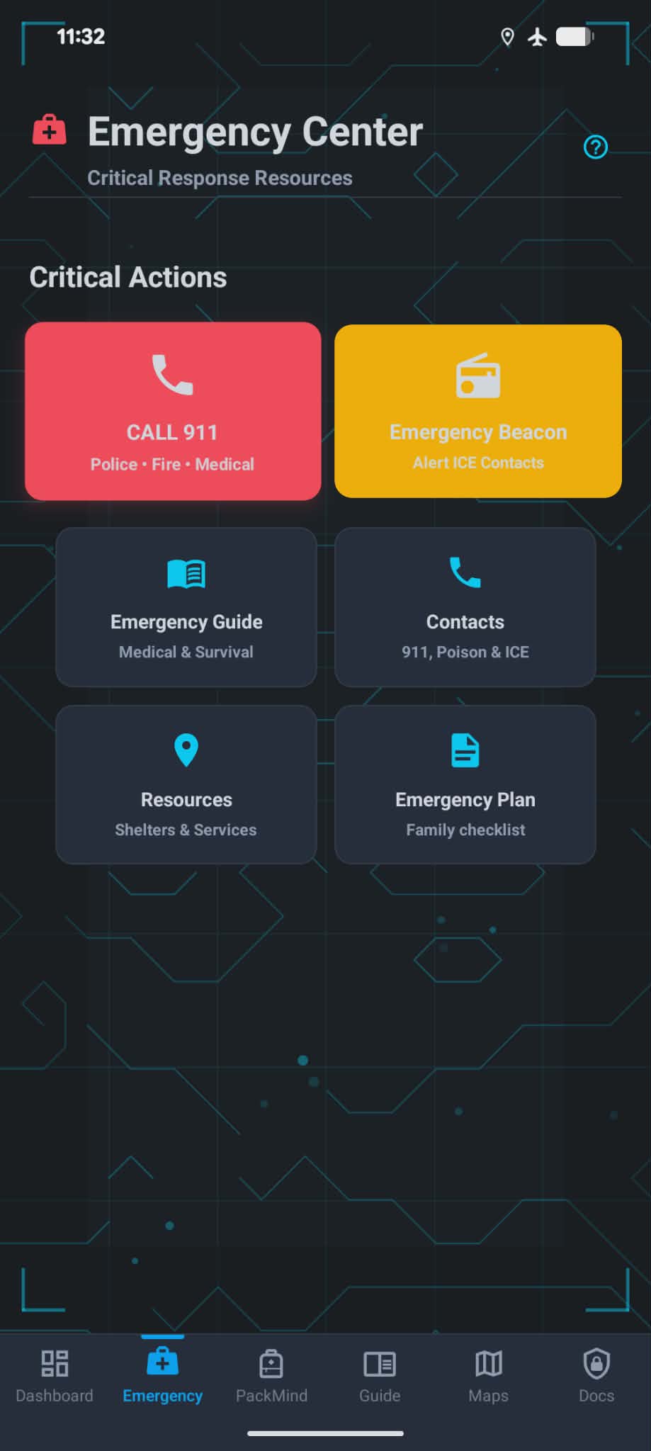 Emergency center with SOS beacon and quick contacts