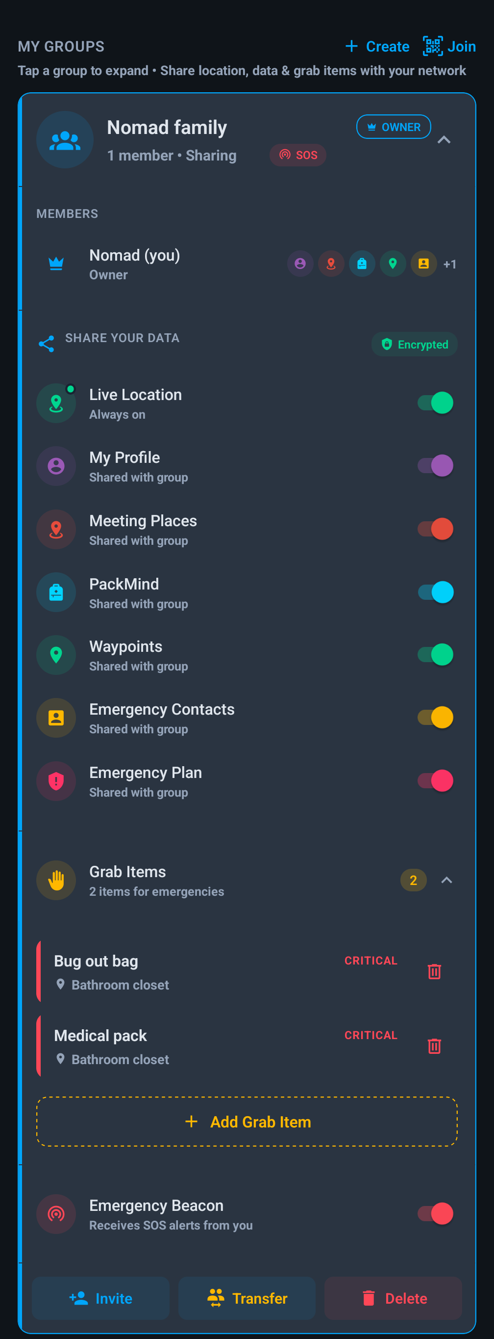 Family network with encrypted sharing, live location, and emergency beacon