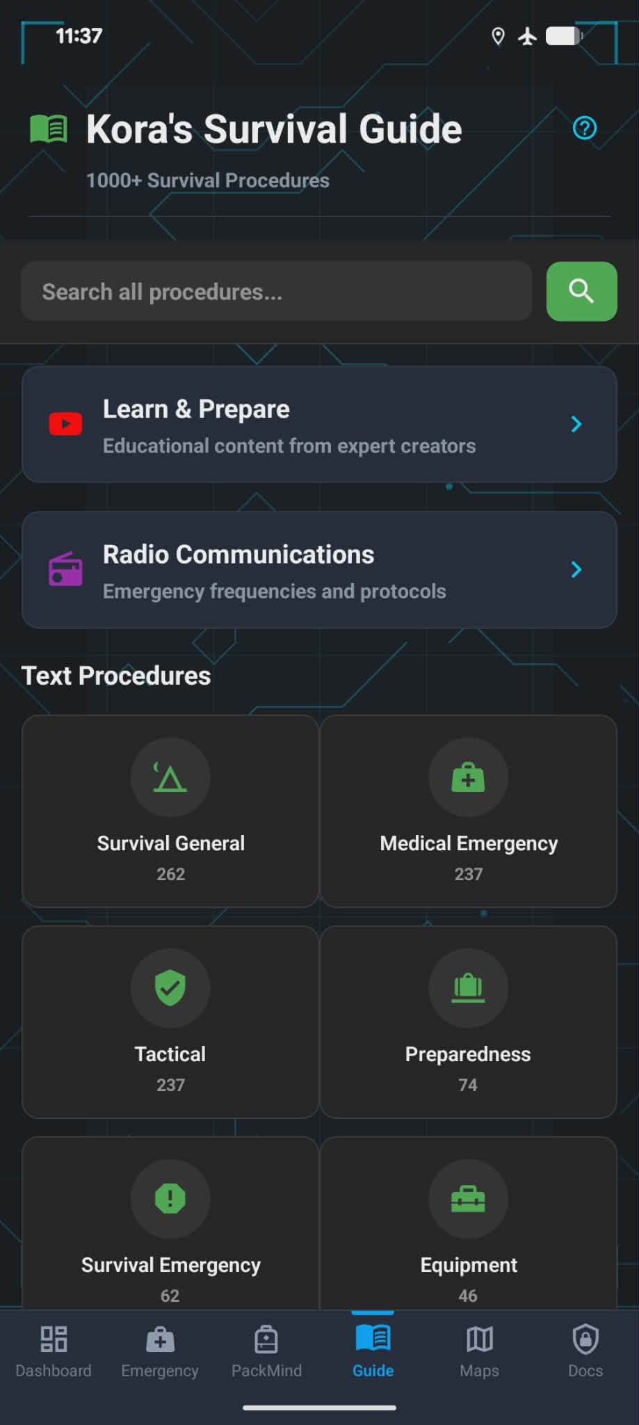 Survival guide with categorized procedures and search