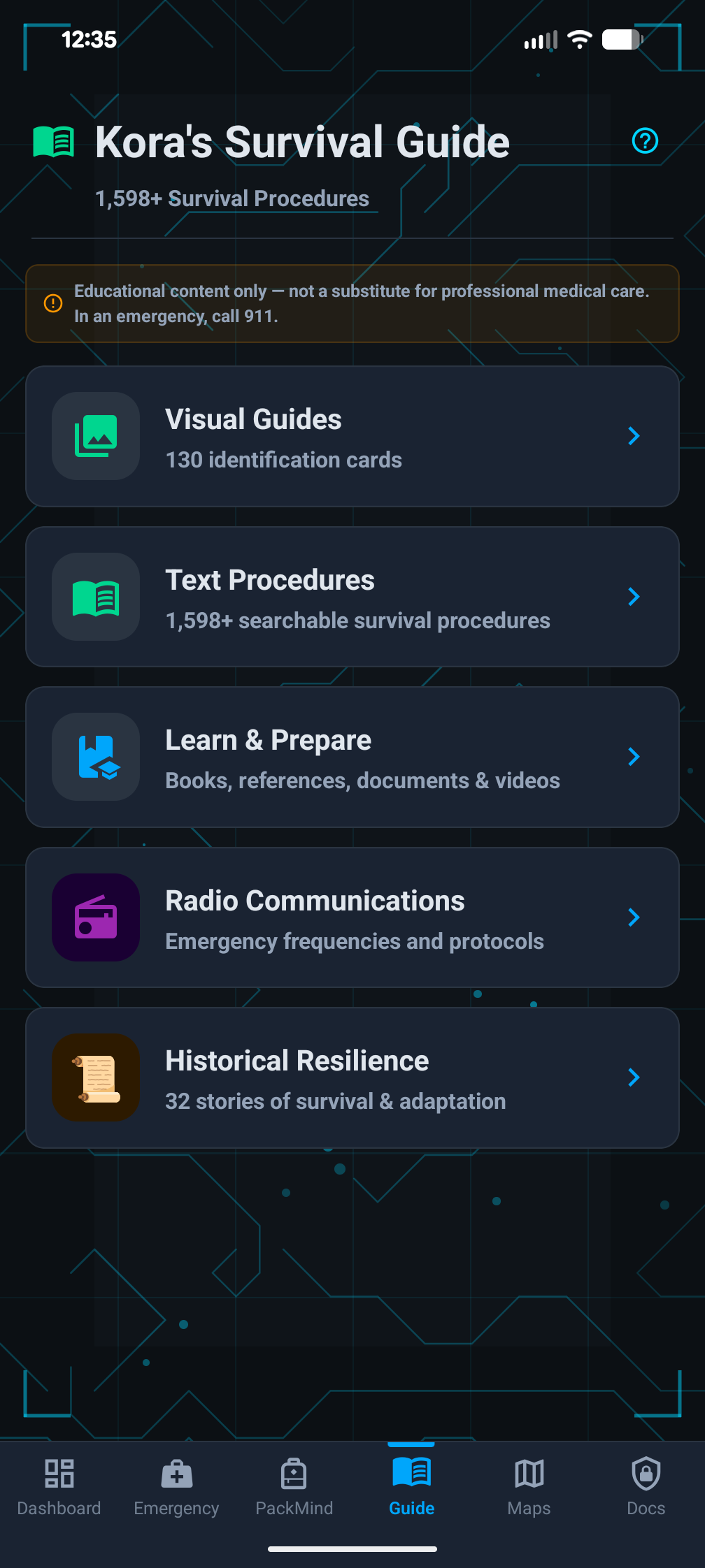 Survival guide with categorized procedures and search